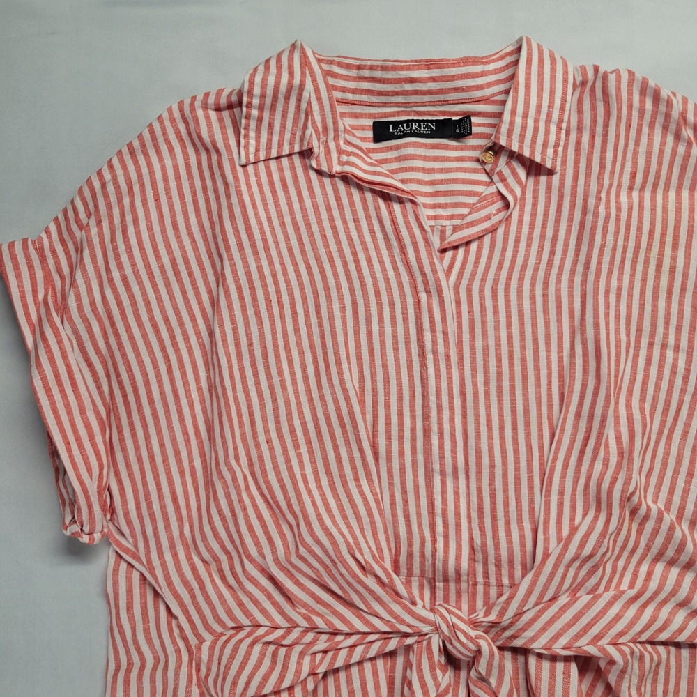 Lauren Ralph Lauren Red White Striped Linen Front Tie Shirt Large Short Sleeve - Picture 4 of 11
